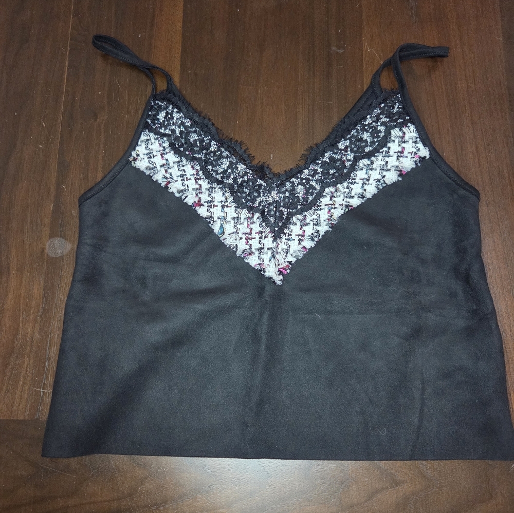 Zara Black Suade Camisole with Tweed And Lace Detail